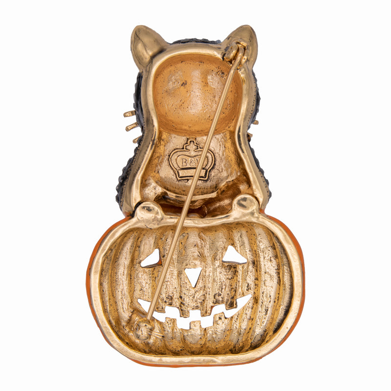 Crystal Cat in a Pumpkin Brooch