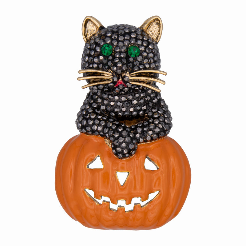 Crystal Cat in a Pumpkin Brooch