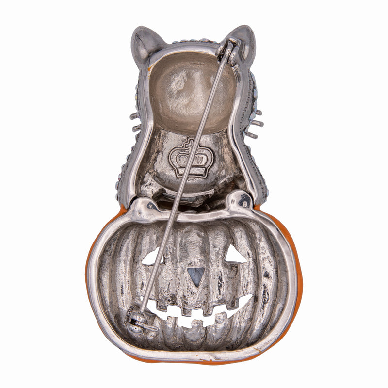 Crystal Cat in a Pumpkin Brooch