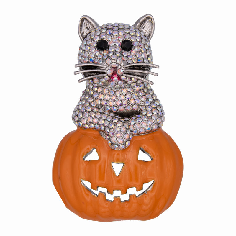 Crystal Cat in a Pumpkin Brooch Clear
