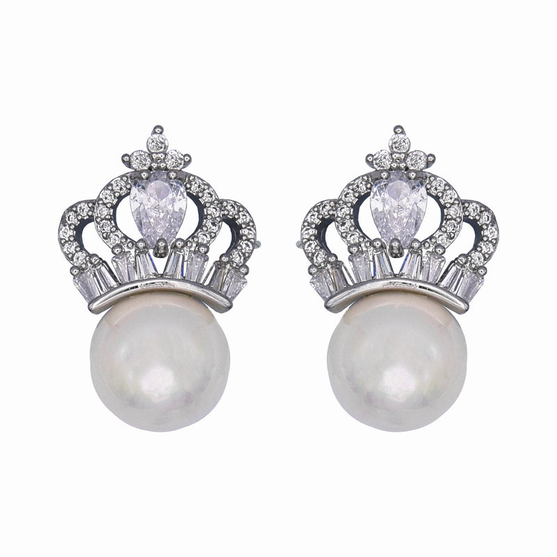 Crown and Pearl Stud Earrings