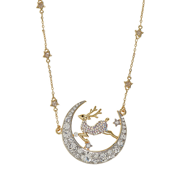 Crystal Crescent Moon and Deer Necklace