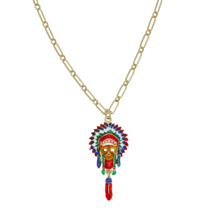Native American Skull with Feather Necklace