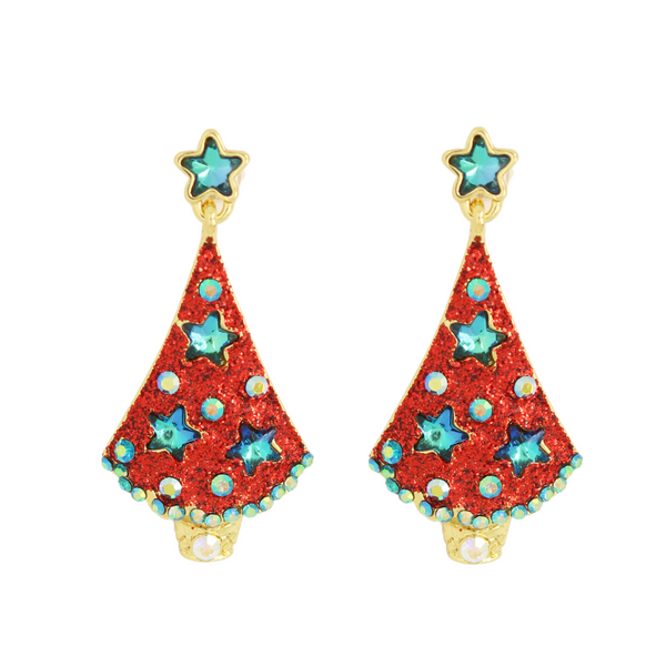 Crystal Stars and Glitter Christmas Tree Earrings