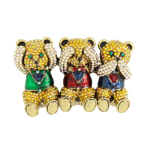 Three Wise Crystal Teddy Bears Brooch