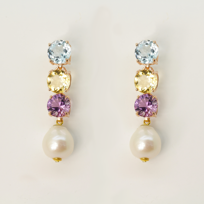 Topaz Citrine Amethyst and Fresh Water Pearl Earrings