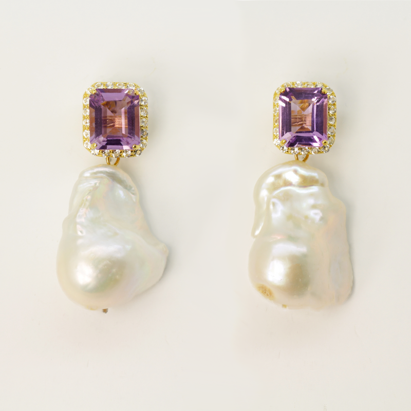 Amethyst Quartz and Baroque Pearl Earrings