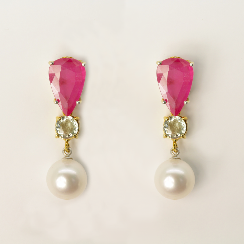 Ruby Topaz and Freshwater Pearl Earrings