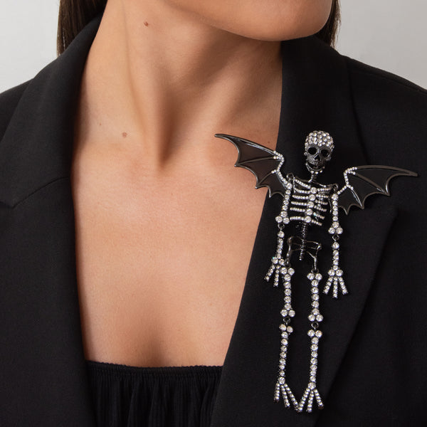 Large Crystal Skeleton with Wings Brooch