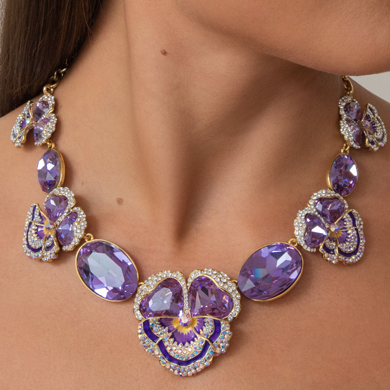 Graduated Pansy Flower Crystal Necklace