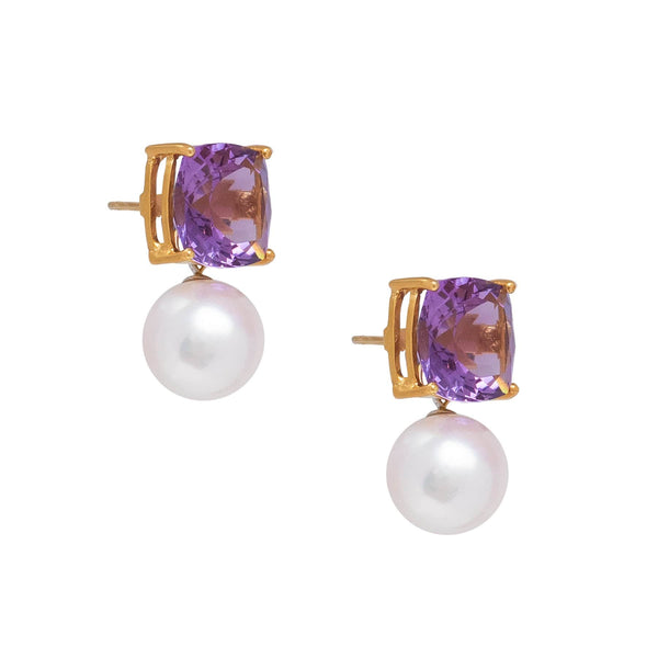 Square Amethyst & Freshwater Pearl Drop Earrings