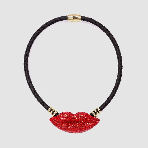 Crystal Lips on Leather Cord Necklace