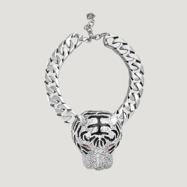 Large Crystal Tiger Head on Chunky Chain Necklace