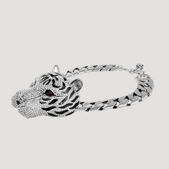 Large Crystal Tiger Head on Chunky Chain Necklace