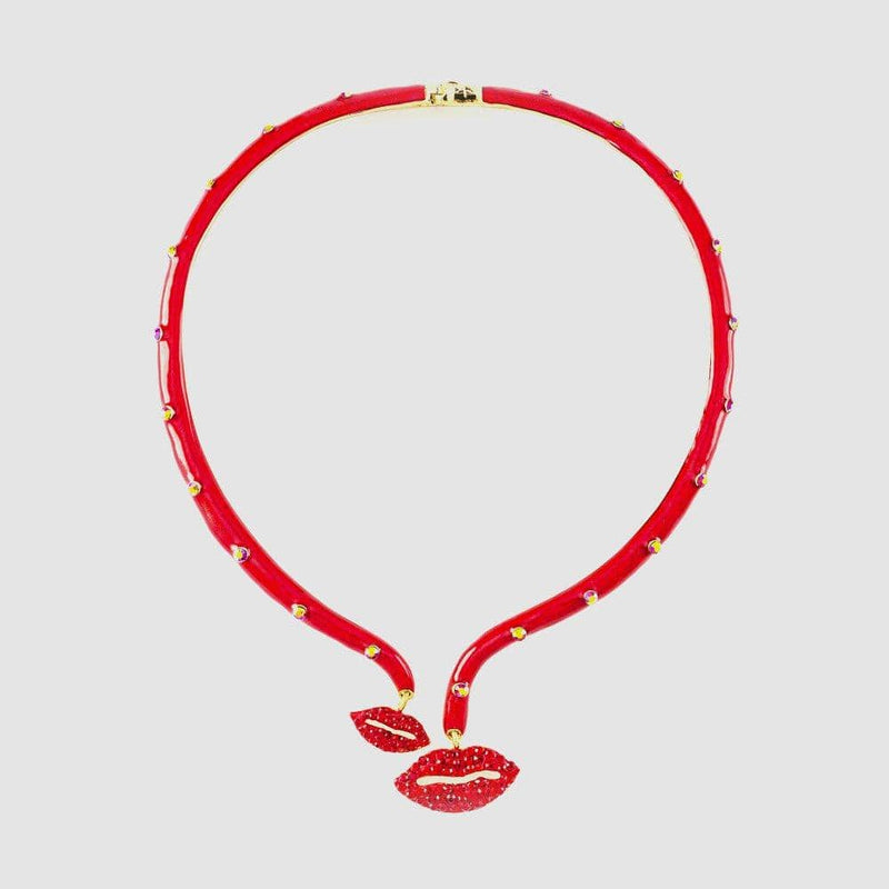 Two Crystal Lips on Wrap Enamel Necklace