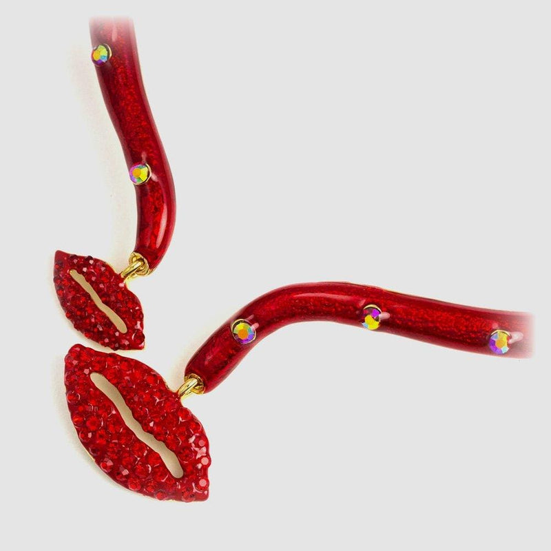 Two Crystal Lips on Wrap Enamel Necklace